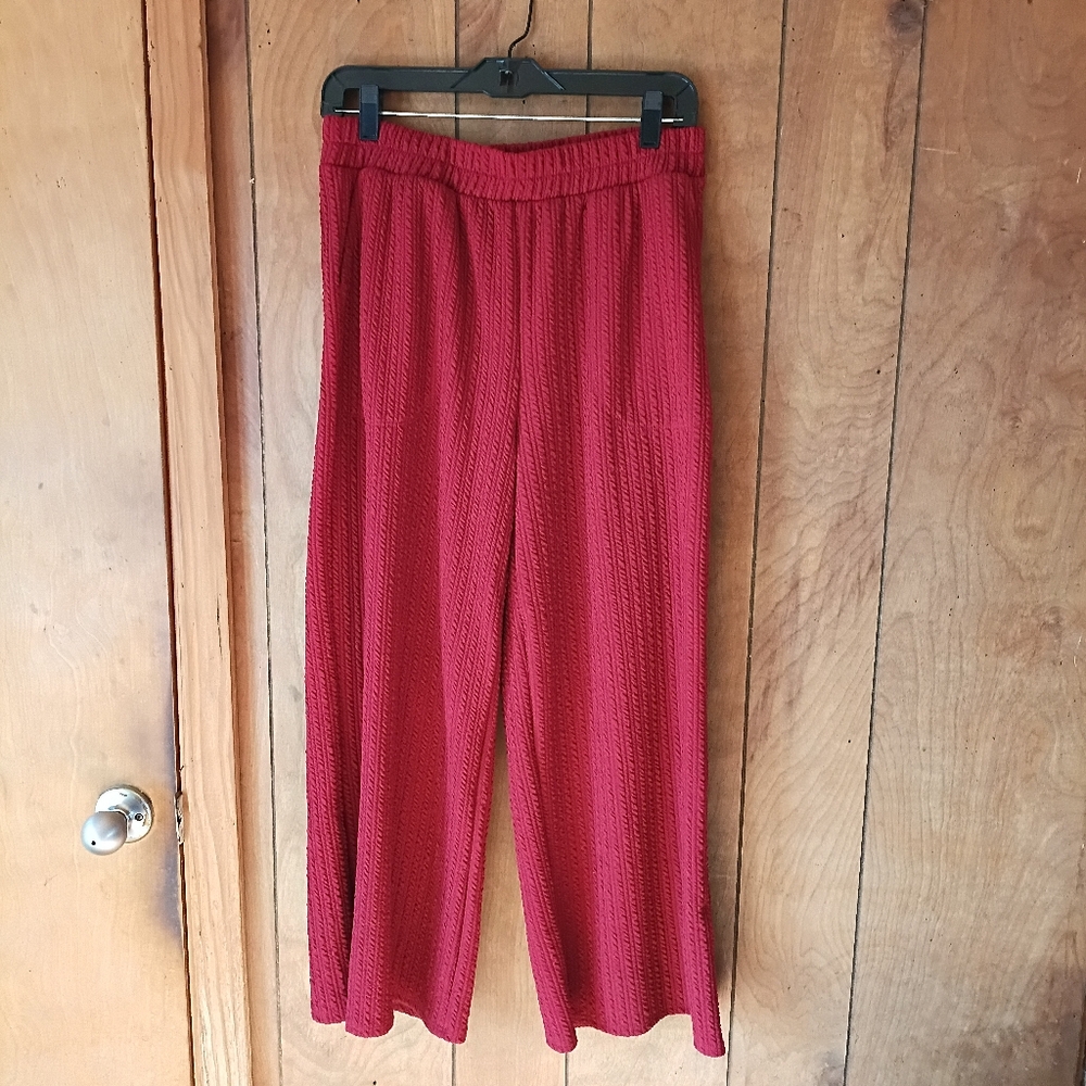 Discount Divas Dark Red Wide Leg Pants Size L Pull On Elastic Waist Stretch